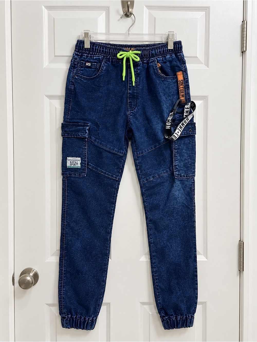 Men's Dark Blue Cargo Jogger Pants with Neon Drawcord